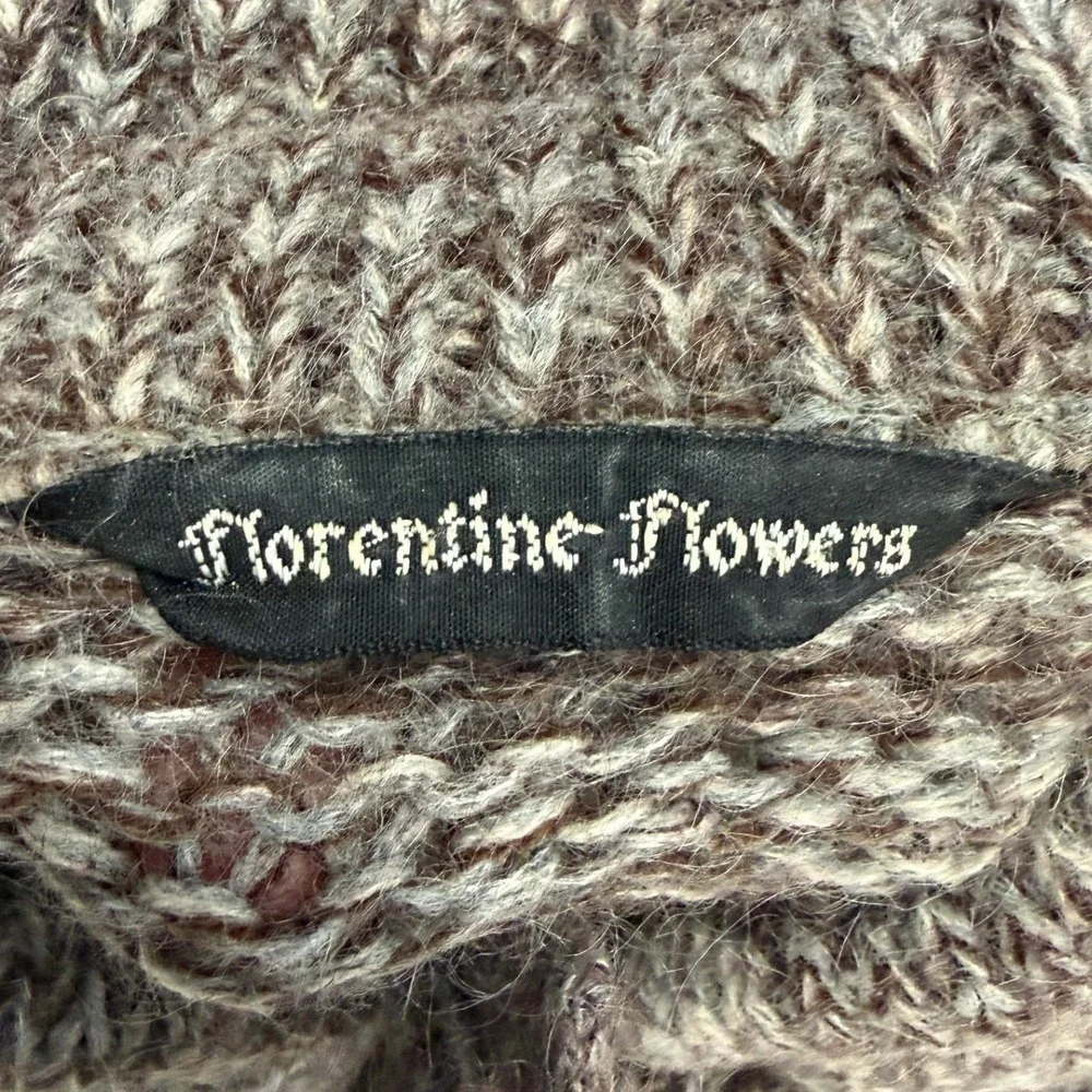 Vintage Florentine Flowers Brown Marled Knit‎ Tie Neck Sweater Wool Blend 44